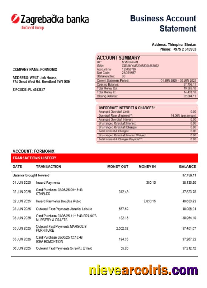 Croatian Zagrebačka Bank business firm account statement Word snd PDF format